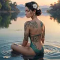 A serene Sona with vine and flower tattoos, sitting by a serene lake at dawn, with her music notes creating ripples in the water.