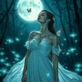 Katarina, a ethereal beauty with delicate butterfly tattoos fluttering across her shoulders and neck, wearing a flowing white gown, standing in a moonlit forest with bioluminescent plants glowing around her.