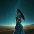 A breathtaking Nidalee from The Witcher 3, her skin adorned with intricate, celestial tattoos that glow with starlight, standing in a vast, open field under a clear night sky filled with countless stars.