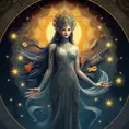 A radiant Sona with mandala-inspired tattoos, surrounded by a symphony of floating instruments in a celestial chamber filled with starlight.