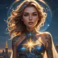 Lux, the lightbringer, with celestial tattoos that shimmer like starlight, floating above a cityscape at dusk, her body surrounded by a halo of glowing particles.