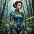 A majestic Vex with tribal-inspired tattoos, surrounded by a mystical forest with bioluminescent plants casting a soft glow on their armor.