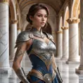 Fiora, the noble warrior with a serene expression, her skin adorned with delicate, swirling tattoos that resemble ancient runes, standing in a grand hall with marble pillars, her rapier gleaming in the soft light.