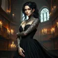 Yennefer with detailed, dark ink tattoos that form a complex pattern across her arms and neck, wearing a regal, flowing black gown, standing in a grand, candlelit library filled with ancient tomes.