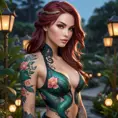 Katarina from League of Legends with delicate, floral tattoos intertwined with serpent motifs, standing in a serene garden at dusk, her beauty and danger equally captivating.