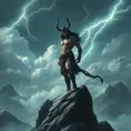 A powerful Vex with ancient rune tattoos, standing atop a mountain peak, with storm clouds brewing in the background and lightning striking around them.