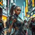 Sona, in a futuristic, cyber-leathered outfit with digital, animated tattoos that sync with her music, walking down a bustling, neon-lit street of a futuristic city, her eyes serene and focused as she navigates the crowd.