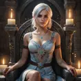 Ciri from The Witcher 3, with elegant floral tattoos intertwined with magical symbols, sitting on a throne made of ancient stone, surrounded by floating candles and glowing crystals, fantasy art style, 8K