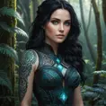 Yennefer of Vengerberg with intricate, glowing tattoos that resemble ancient runes, standing in a mystical forest with bioluminescent plants, her eyes shimmering with magical energy.