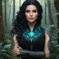 Yennefer of Vengerberg with intricate, glowing tattoos that resemble ancient runes, standing in a mystical forest with bioluminescent plants, her eyes shimmering with magical energy.