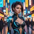 Sona, in a futuristic, cyber-leathered outfit with digital, animated tattoos that sync with her music, walking down a bustling, neon-lit street of a futuristic city, her eyes serene and focused as she navigates the crowd.