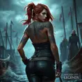 Miss Fortune from League of Legends, her arms and back covered in tribal tattoos that symbolize her pirate heritage, wearing a revealing corset and leather pants, standing in a stormy harbor with her crew in the background, dramatic lighting, hyper-realistic, 8K resolution