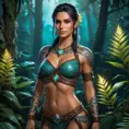 A stunning Nidalee from The Witcher 3, adorned with intricate tribal tattoos that glow with a mystical aura, standing in a lush, enchanted forest with bioluminescent plants illuminating her path.