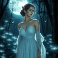 Katarina, a ethereal beauty with delicate butterfly tattoos fluttering across her shoulders and neck, wearing a flowing white gown, standing in a moonlit forest with bioluminescent plants glowing around her.