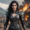 Yennefer with mystical, dragon-themed tattoos that wrap around her body, wearing a battle-worn, yet elegant armor, standing in a battlefield with a backdrop of a burning village, her expression fierce and determined.