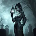 Vayne, the relentless tracker, her body marked with intricate, thorny tattoos that symbolize her relentless pursuit of justice, standing in a foggy graveyard with a lantern casting eerie light on her face.