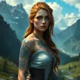 Triss Merigold, the compassionate and powerful mage from The Witcher 3, with tattoos that tell the story of her journey and battles, standing in a serene mountain valley, her hair cascading down her back, and her eyes reflecting both sorrow and hope.