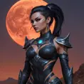 Vayne, the nightstalker, her body decorated with bold, tribal tattoos that glow faintly in the dark, standing in a desolate wasteland under a blood-red moon.