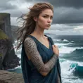 Lux, the keeper of light, her arms and face covered in ancient, runic tattoos that pulse with magical power, standing on a cliff overlooking a vast, stormy ocean.