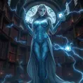 Lux, the luminous enchantress, her body adorned with tattoos that resemble constellations, standing in a grand library filled with ancient tomes, the air around her crackling with magical energy.