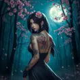 Tifa Lockhart with elegant, floral tattoos adorning her shoulders and upper back, standing in a serene, moonlit forest with cherry blossoms falling around her.