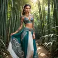 Sona, adorned with intricate, mandala-inspired tattoos that wrap around her legs and torso, dressed in a traditional, Ionian-style outfit with a flowing skirt, standing in a serene, bamboo forest with sunlight filtering through the leaves.