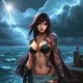 Tifa Lockhart with mystical, dragon-themed tattoos winding around her arms and chest, standing on a cliff overlooking a stormy sea, with lightning illuminating the sky.