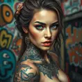 A stunning portrait of Quinn, a beautiful woman with mesmerizing eyes, adorned with intricate tattoos that tell a story of ancient myths and modern rebellion, set against a backdrop of a vibrant urban street art scene.