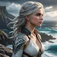 Ciri from The Witcher 3, adorned with mystical dragon tattoos that shimmer with ethereal light, standing on a cliff overlooking a stormy sea, wind blowing her hair, dramatic sky, ultra-detailed, 8K