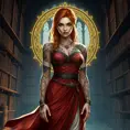 Triss Merigold, the beloved sorceress from The Witcher 3, with elegant tattoos that form a magical circle around her arms, standing in a grand library filled with ancient tomes, her dress flowing gracefully, and her eyes filled with wisdom and determination.