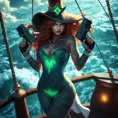 Miss Fortune from League of Legends, adorned with intricate tattoos that glow with a mystical aura, standing on the deck of her ship with the ocean waves crashing behind her, her dual pistols gleaming in the sunlight, cinematic lighting, high detail, 4K resolution