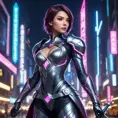 Fiora from League of Legends with geometric tattoos forming intricate patterns on her skin, standing in a futuristic cityscape with neon lights reflecting off her polished armor, her rapier ready for combat.