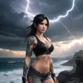 Tifa Lockhart with mystical, dragon-themed tattoos winding around her arms and chest, standing on a cliff overlooking a stormy sea, with lightning illuminating the sky.