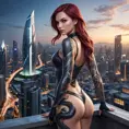 Katarina from League of Legends with elegant, snake-themed tattoos winding around her body, standing on a rooftop overlooking a futuristic cityscape, her eyes glowing with a fierce determination.