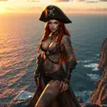 Miss Fortune from League of Legends, her skin adorned with nautical-themed tattoos, wearing a pirate captain's hat and a long coat, standing on a cliff overlooking a vast ocean, the sunset casting a golden glow on her, highly detailed, ultra-realistic, 6K resolution