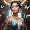 A majestic Sona with ancient script tattoos, standing in a grand concert hall, with her music notes transforming into butterflies that fill the air.