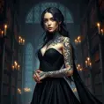 Yennefer with detailed, dark ink tattoos that form a complex pattern across her arms and neck, wearing a regal, flowing black gown, standing in a grand, candlelit library filled with ancient tomes.