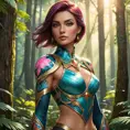 Fiora, the poised and confident swordswoman, her skin decorated with vibrant, abstract tattoos that shimmer like jewels, standing in a lush forest with sunlight filtering through the trees, her presence commanding respect.