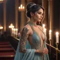 Sona, the silent enchantress, with elegant, musical-themed tattoos that cover her arms and back, wearing a flowing, ethereal gown with a high collar, standing in a grand, candlelit concert hall with her etwahl in hand.