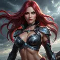 Katarina from League of Legends with dark, mystical tattoos that seem to move and shift, standing in a stormy battlefield, her aura radiating both fear and admiration.