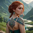 Triss Merigold, the compassionate and powerful mage from The Witcher 3, with tattoos that tell the story of her journey and battles, standing in a serene mountain valley, her hair cascading down her back, and her eyes reflecting both sorrow and hope.