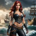 Miss Fortune from League of Legends, her arms and back covered in tribal tattoos that symbolize her pirate heritage, wearing a revealing corset and leather pants, standing in a stormy harbor with her crew in the background, dramatic lighting, hyper-realistic, 8K resolution