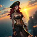 Miss Fortune from League of Legends, her skin adorned with nautical-themed tattoos, wearing a pirate captain's hat and a long coat, standing on a cliff overlooking a vast ocean, the sunset casting a golden glow on her, highly detailed, ultra-realistic, 6K resolution