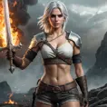 Ciri from The Witcher 3, with warrior-themed tattoos depicting battles and mythical creatures, wielding a glowing silver sword, standing in a battlefield with smoke and fire, intense action pose, hyper-realistic, 8K