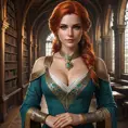 Triss Merigold, the beloved sorceress from The Witcher 3, with elegant tattoos that form a magical circle around her arms, standing in a grand library filled with ancient tomes, her dress flowing gracefully, and her eyes filled with wisdom and determination.