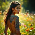 Samira, a striking woman with intricate tribal tattoos adorning her arms and back, stands confidently in a sunlit meadow. Her tattoos glow with a subtle luminescence, blending seamlessly with the vibrant wildflowers that surround her.