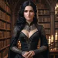 Yennefer with detailed, dark ink tattoos that form a complex pattern across her arms and neck, wearing a regal, flowing black gown, standing in a grand, candlelit library filled with ancient tomes.