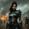 Yennefer with mystical, dragon-themed tattoos that wrap around her body, wearing a battle-worn, yet elegant armor, standing in a battlefield with a backdrop of a burning village, her expression fierce and determined.