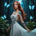 Katarina, a ethereal beauty with delicate butterfly tattoos fluttering across her shoulders and neck, wearing a flowing white gown, standing in a moonlit forest with bioluminescent plants glowing around her.