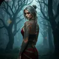 Ciri from The Witcher 3, with intricate tribal tattoos covering her arms and back, standing in a misty forest with ancient trees and glowing runes, cinematic lighting, hyper-realistic, 8K resolution